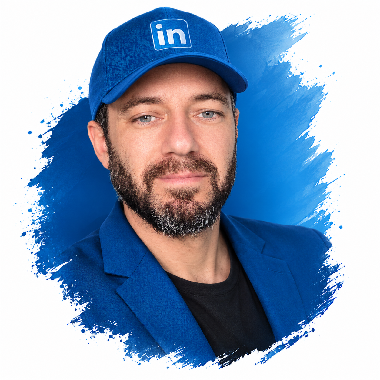 Francisco Matelli, instrutor do curso, retratado de boné do LinkedIn sobre um fundo azul pintado